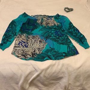 WHBM Long sleeve blouse w/rich green and blue hues with white, cream and black.